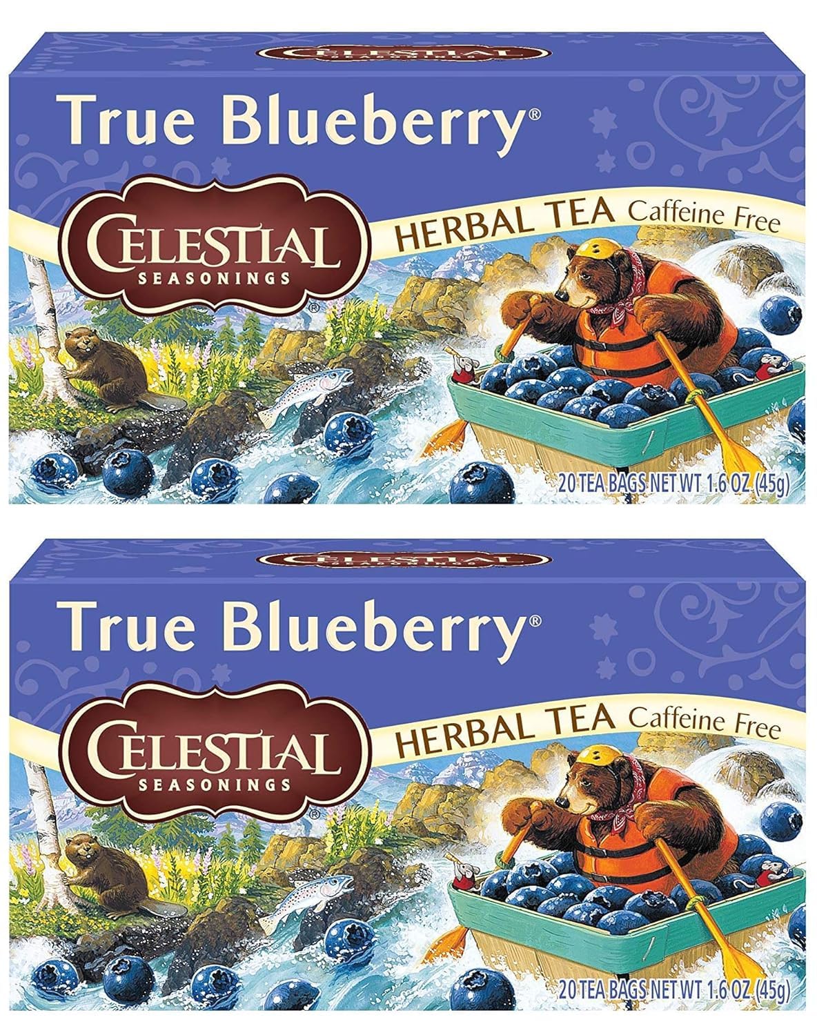 Celestial Seasonings True Blueberry tea bag close-up showing real blueberry flavor for a refreshing cup