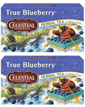 Celestial Seasonings True Blueberry tea bag close-up showing real blueberry flavor for a refreshing cup