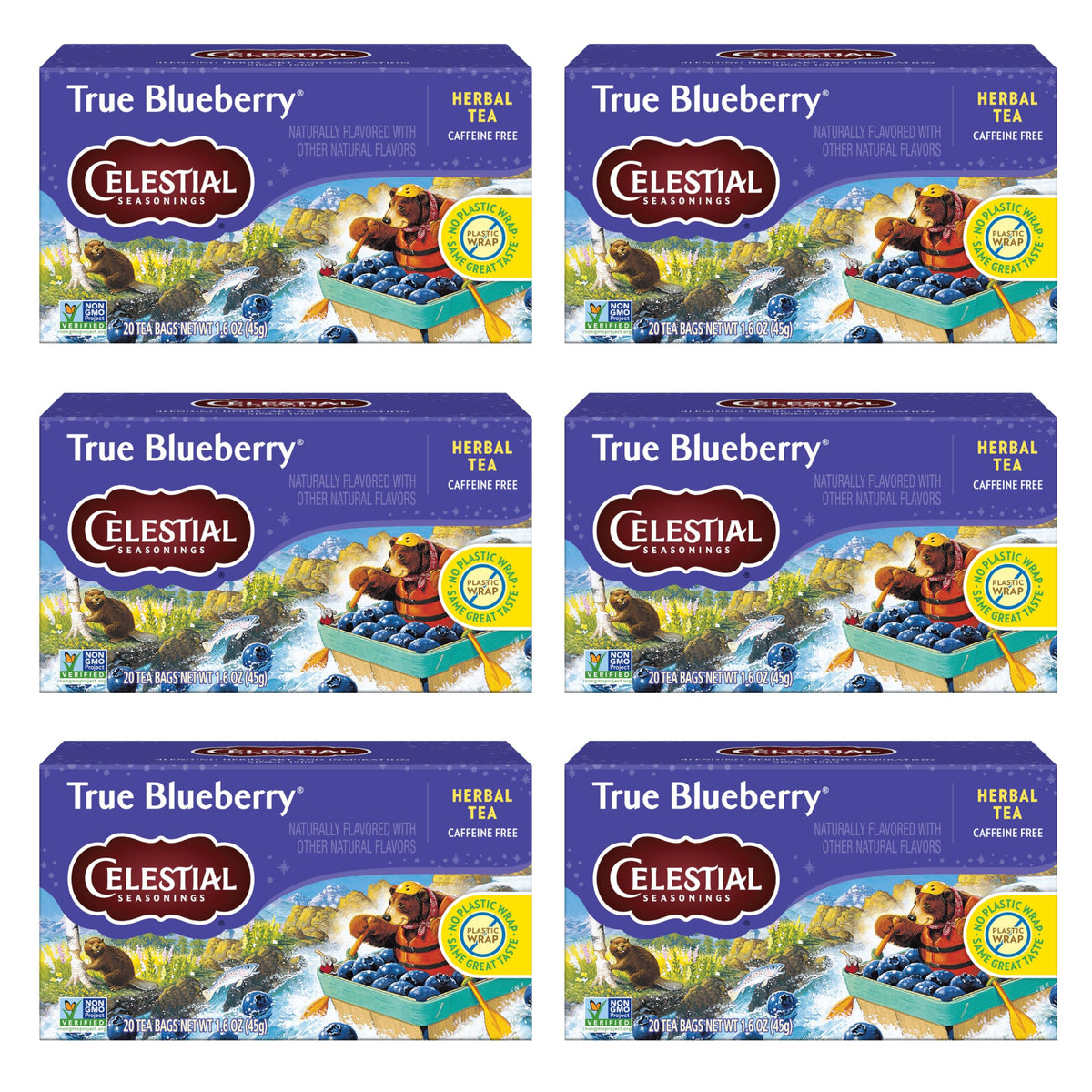 Celestial Seasonings True Blueberry tea bags in a box for convenient, caffeine-free brewing.