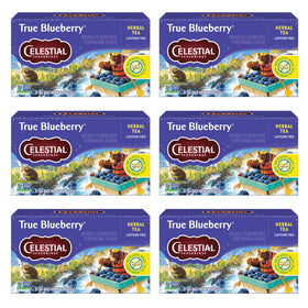 Celestial Seasonings True Blueberry tea bags in a box for convenient, caffeine-free brewing.