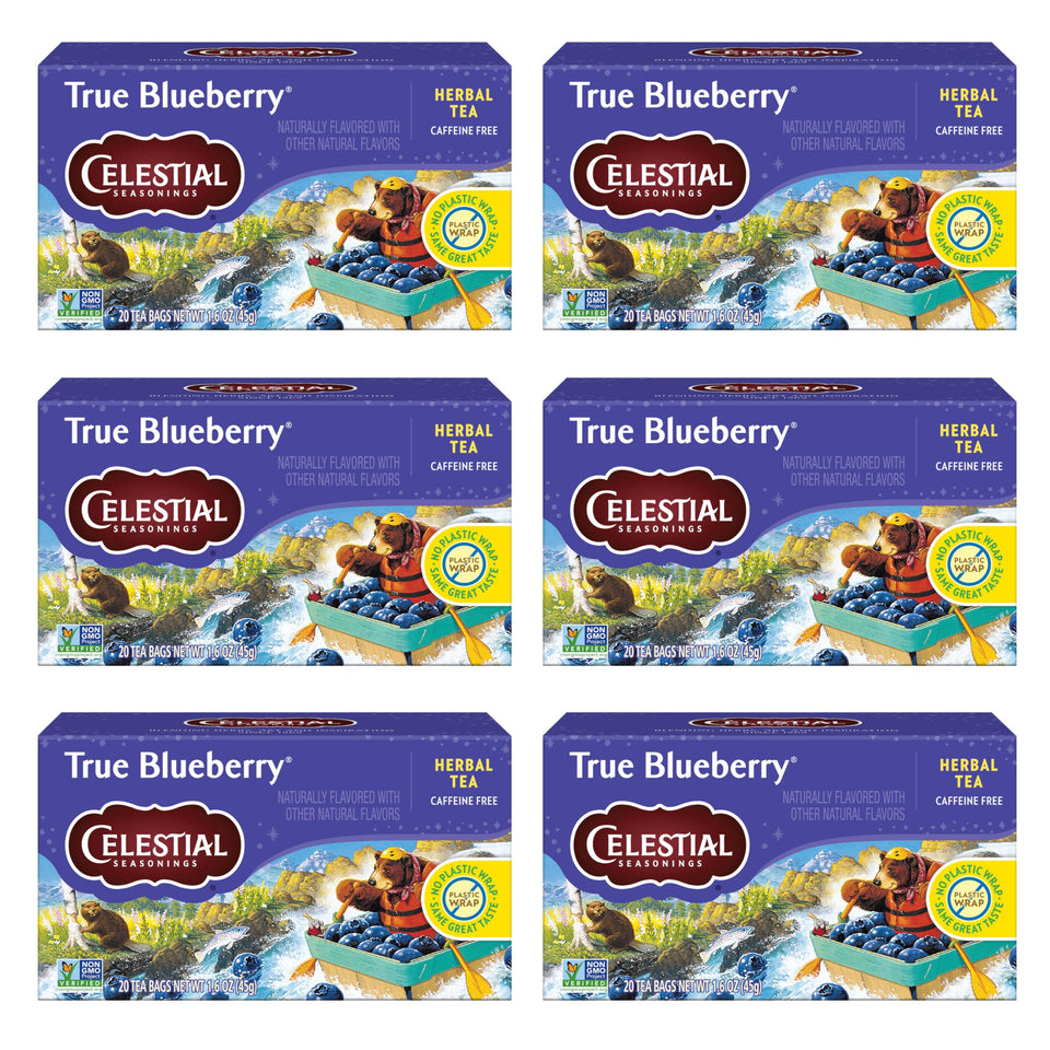 Celestial Seasonings True Blueberry tea bags in a box for convenient, caffeine-free brewing.