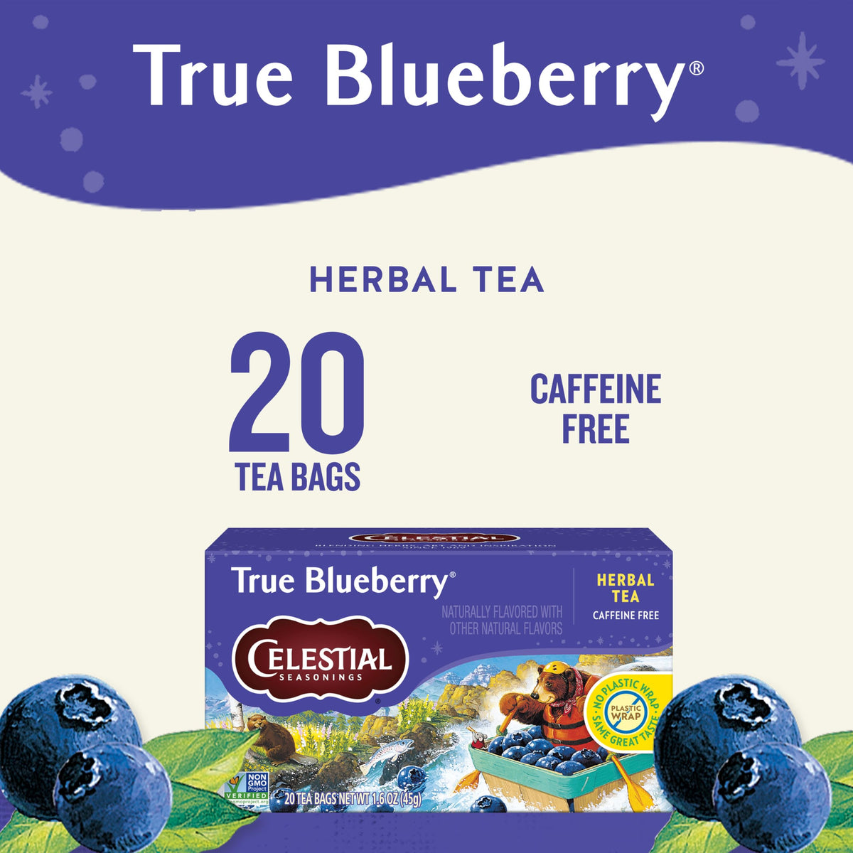 True Blueberry tea bags steeping in hot water to release fruity aroma.