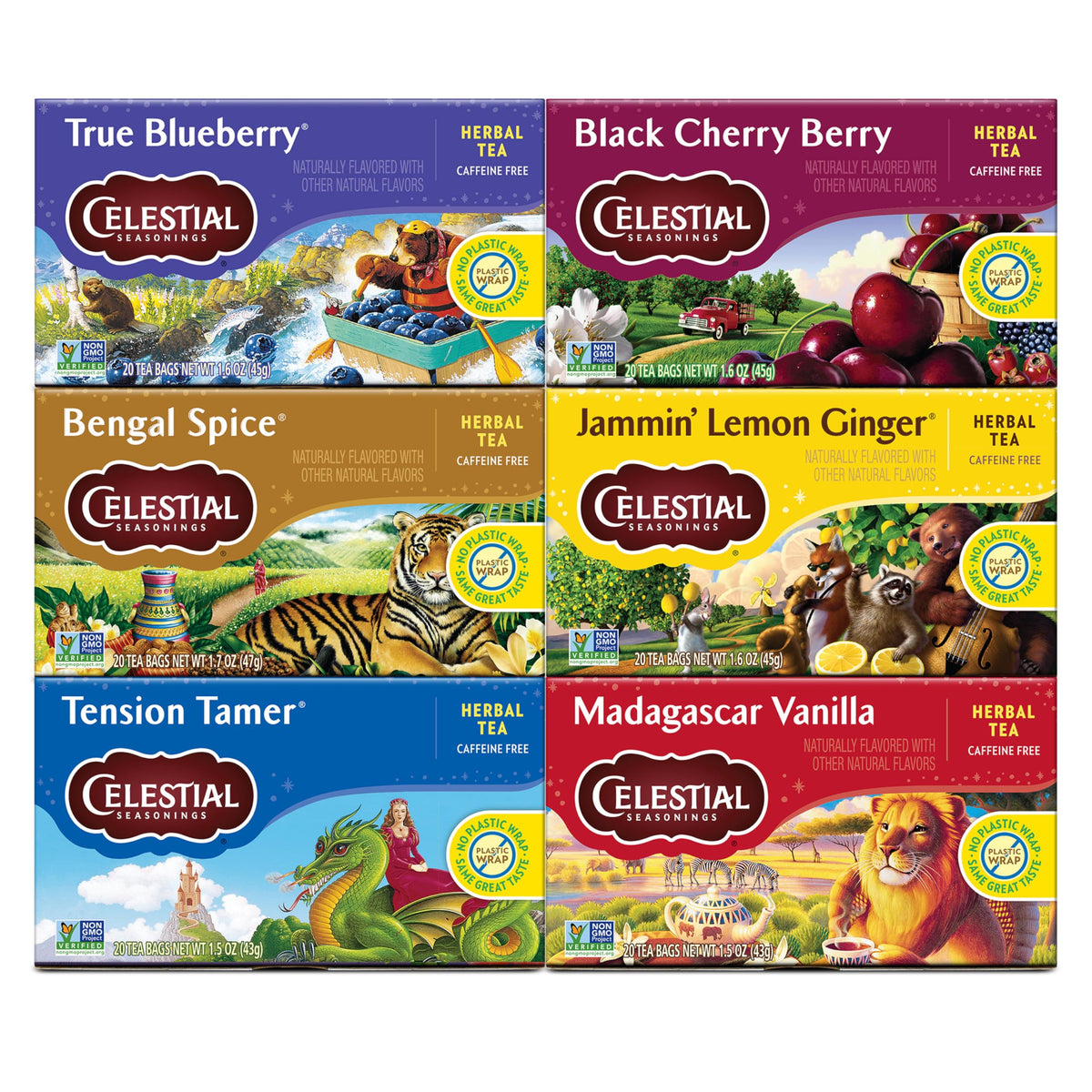 Celestial Seasonings variety pack tea bags show six flavors for caffeine-free enjoyment.