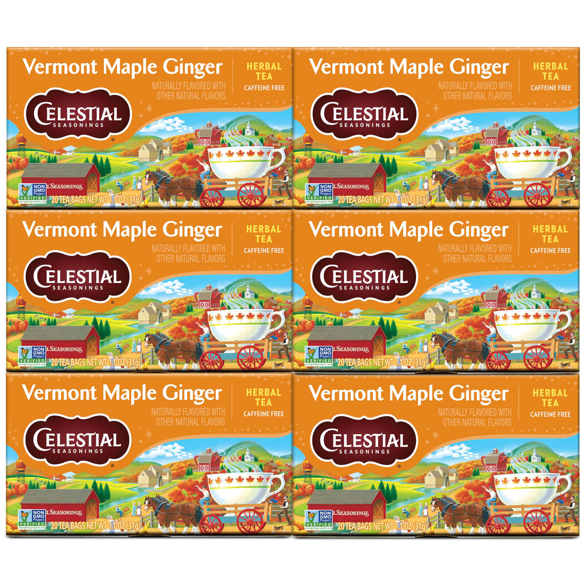 Celestial Seasonings Vermont Maple Ginger tea boxes, six-pack bundle, caffeine-free and flavorful.