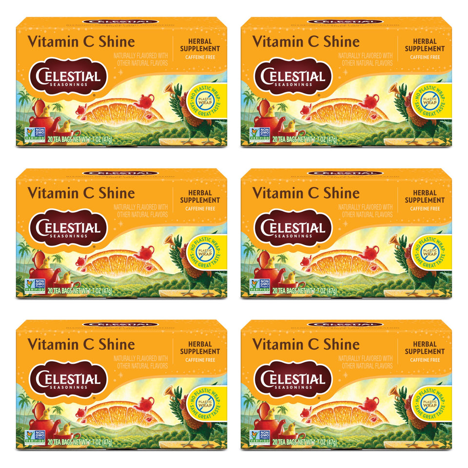 Celestial Seasonings Vitamin C Shine tea bags ready to brew a bright, caffeine-free citrus cup.
