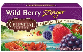 Celestial Seasonings Wild Berry Zinger tea box front with inviting berry aroma for a refreshing break.