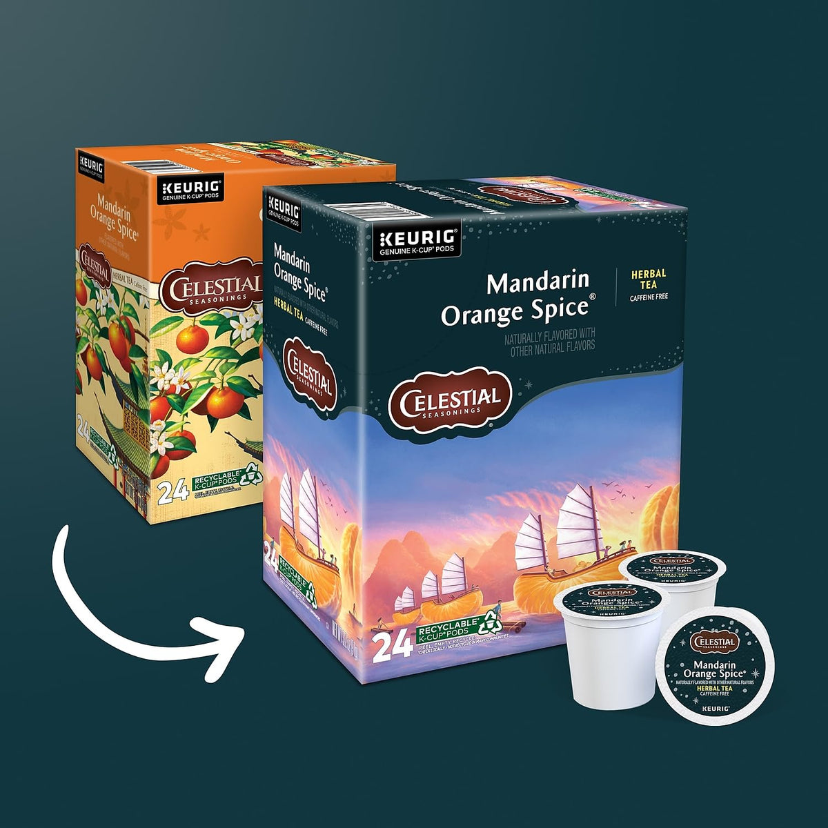 Celestial Seasonings Mandarin Orange Spice packaging shows Keurig K-Cup pods for quick mornings.