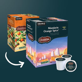 Celestial Seasonings Mandarin Orange Spice packaging shows Keurig K-Cup pods for quick mornings.