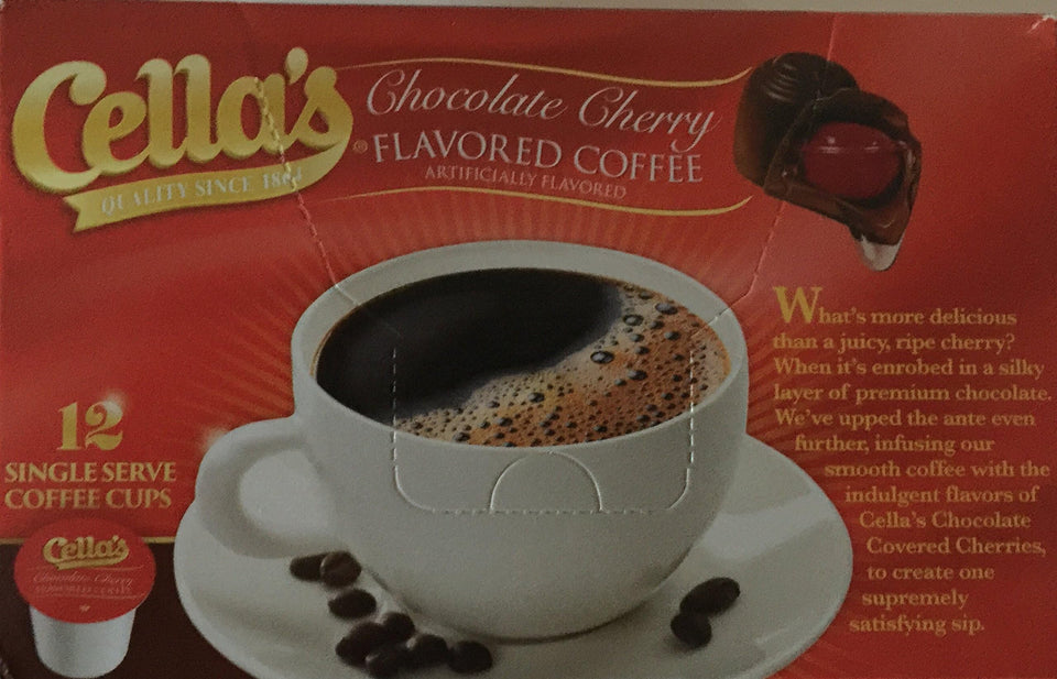 Cella's Chocolate Cherry box front, 12-count coffee bundle for quick mornings.