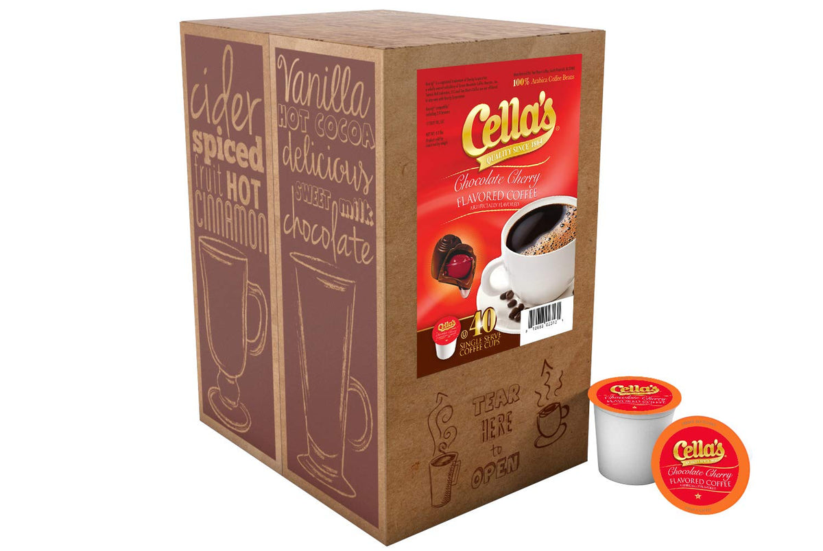 Cella's chocolate cherry pod closeup reveals premium Arabica beans and balanced flavor.