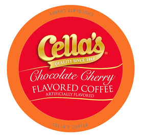 Cella's chocolate cherry coffee pods packaging for convenient at-home enjoyment.