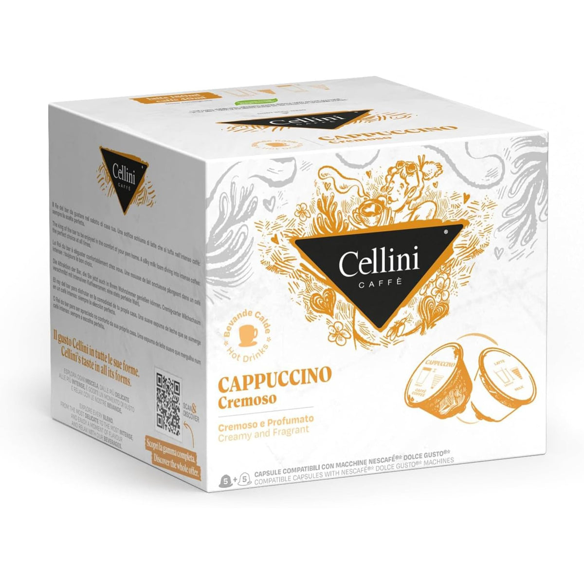 Cellini Caffè Cappuccino Cremoso capsules on a shelf for premium home espresso.