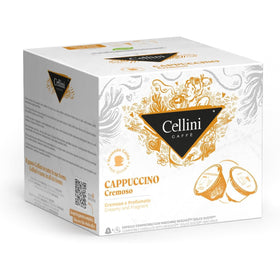 Cellini Caffè Cappuccino Cremoso capsules on a shelf for premium home espresso.