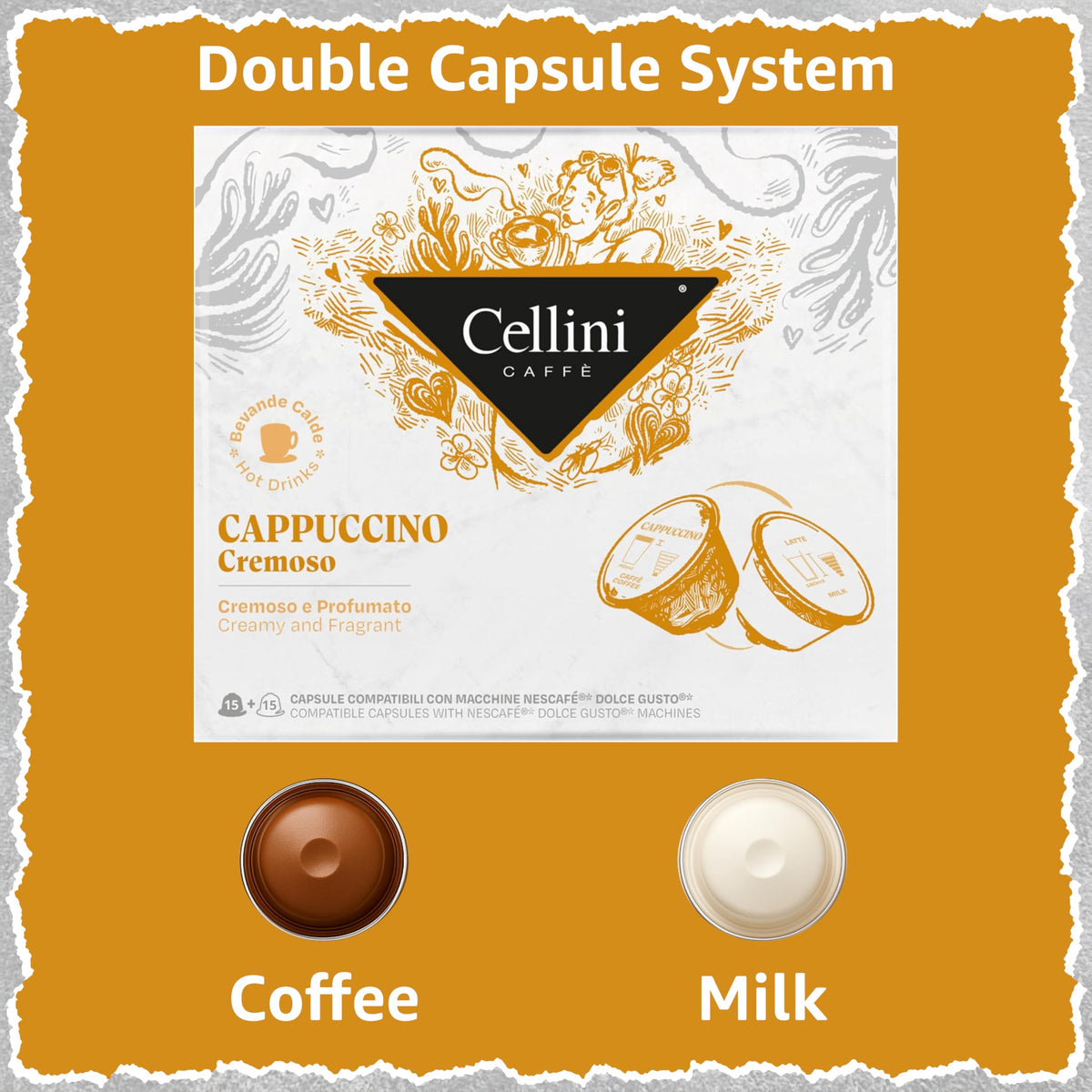 Close-up of crema and milk foam in a Cellini Cappuccino Cremoso shot.