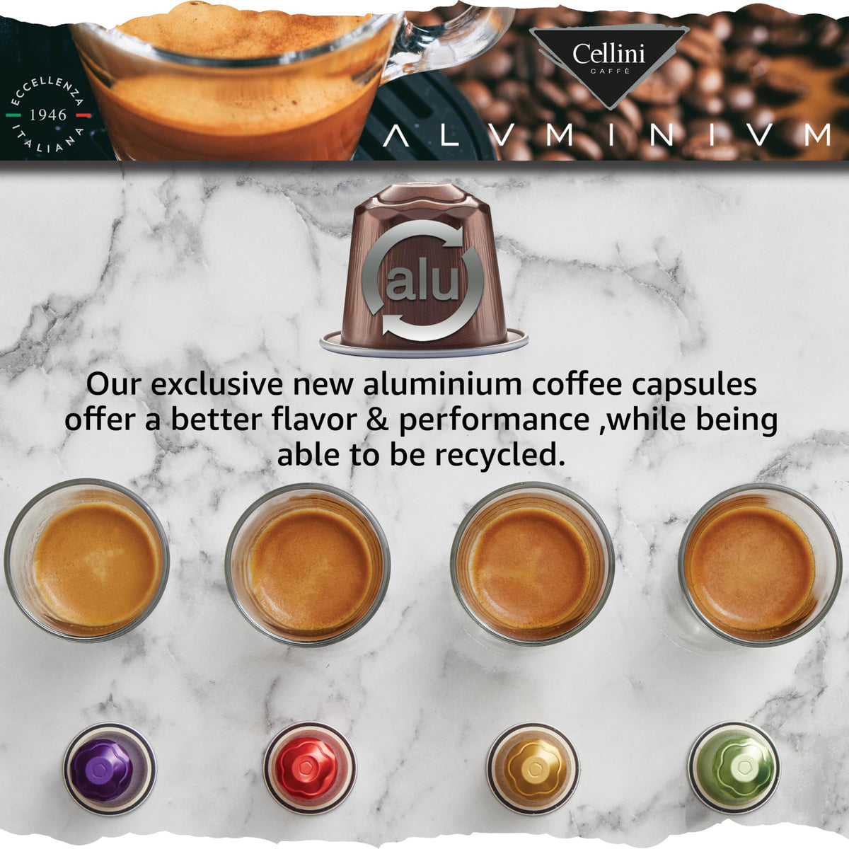 Cellini Caffè Cremoso aluminum capsules, recyclable packaging symbol