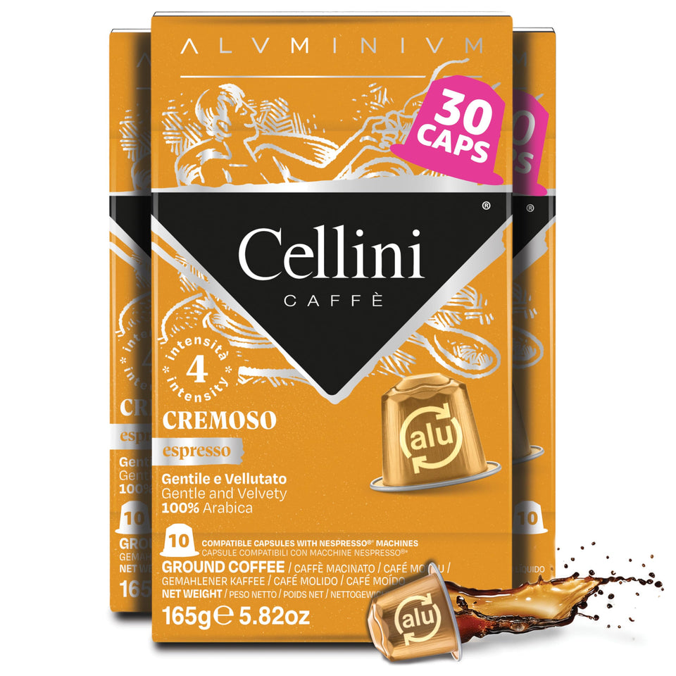 Cellini Caffè Cremoso pod packaging box, premium Italian coffee for mornings