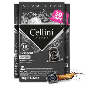 Cellini Caffe Intenso aluminum pods packaging highlighting recyclable capsules for sustainability.