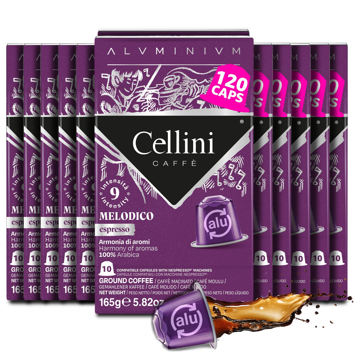 Cellini Melodico aluminum capsules in a box for bold espresso.