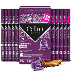 Cellini Melodico aluminum capsules in a box for bold espresso.