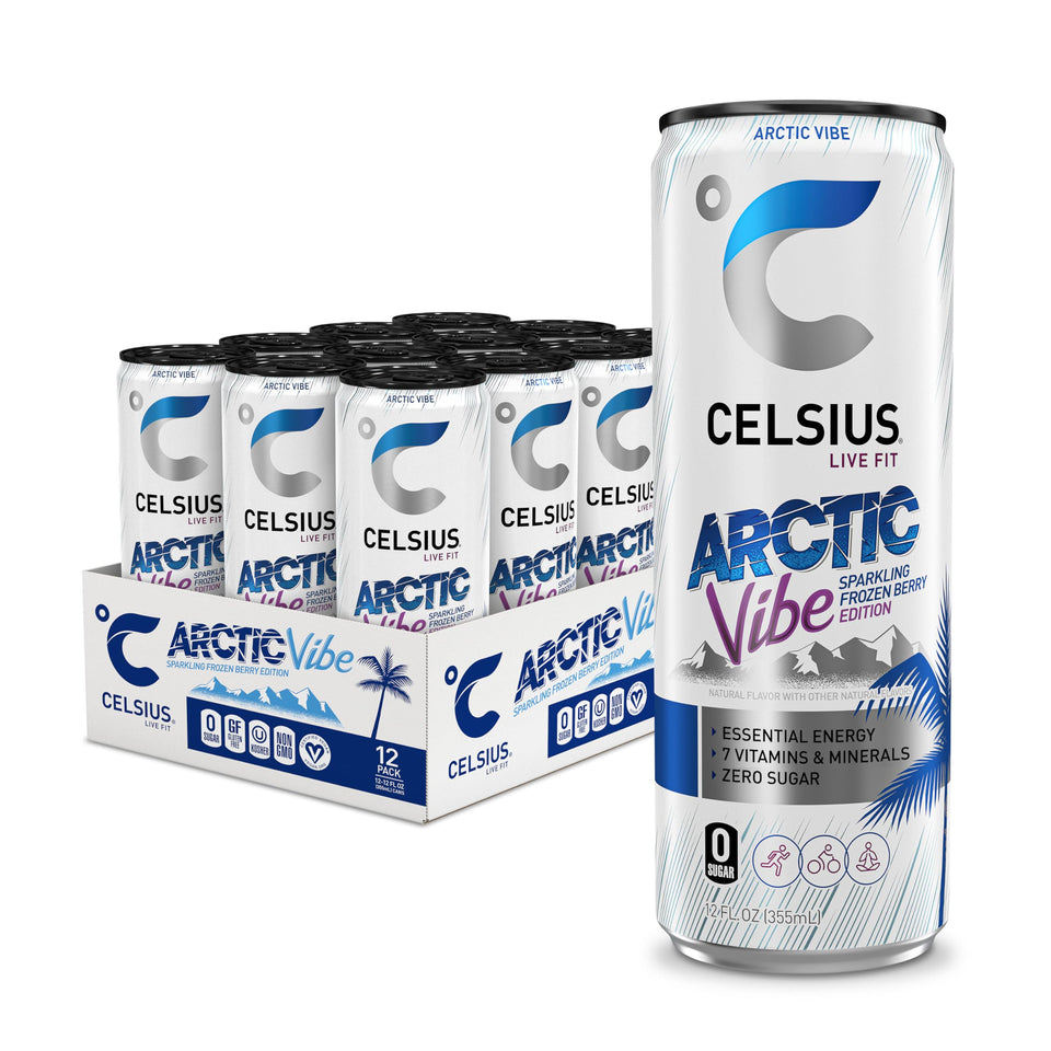 CELSIUS Arctic Vibe can close-up highlights zero sugar energy for on-the-go performance