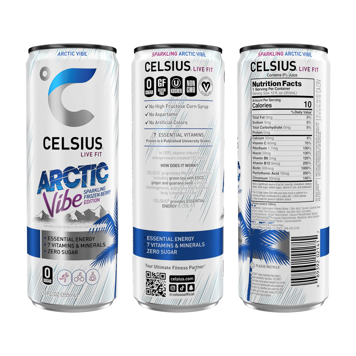 CELSIUS Arctic Vibe can being poured shows refreshing sparkling frozen berry flavor for workouts