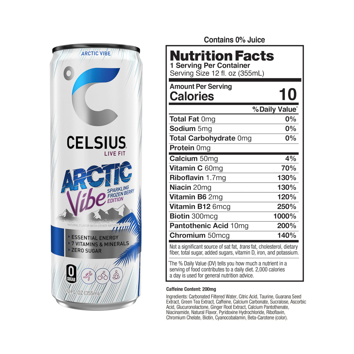 CELSIUS Arctic Vibe frozen berry splash emphasizes clean energy from premium ingredients