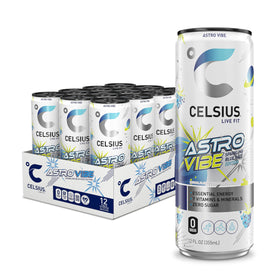 Celsius Astro Vibe blue razz can front signaling bold energy for workouts