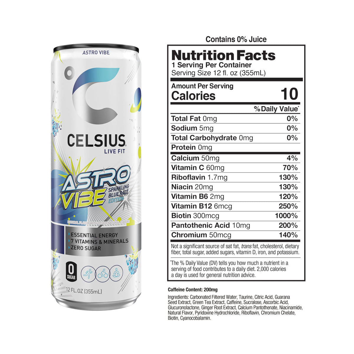 Celsius Astro Vibe blue razz can pour into glass for refreshing boost