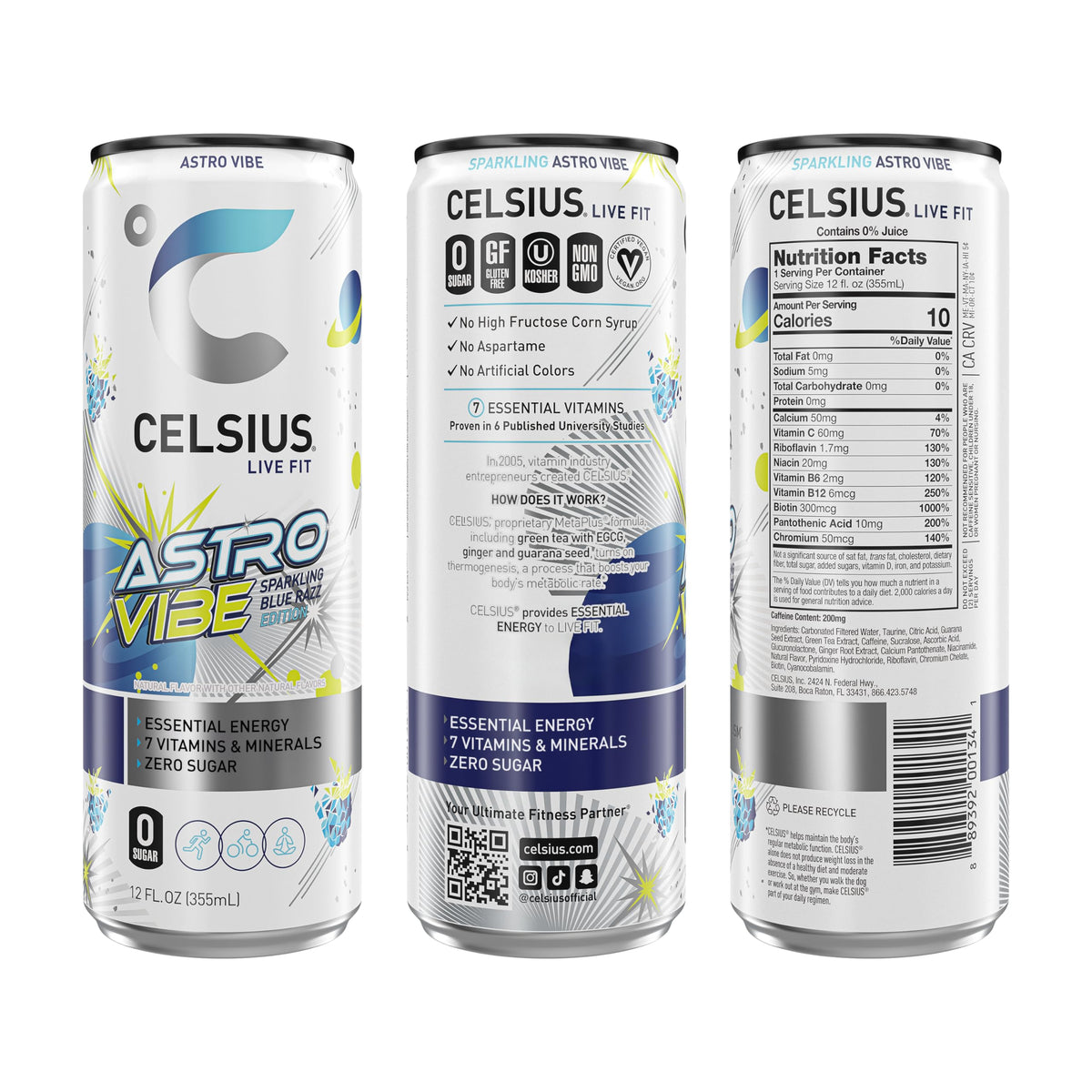Celsius Astro Vibe blue razz can side highlighting zero sugar and clean energy