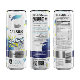 Celsius Astro Vibe blue razz can side highlighting zero sugar and clean energy
