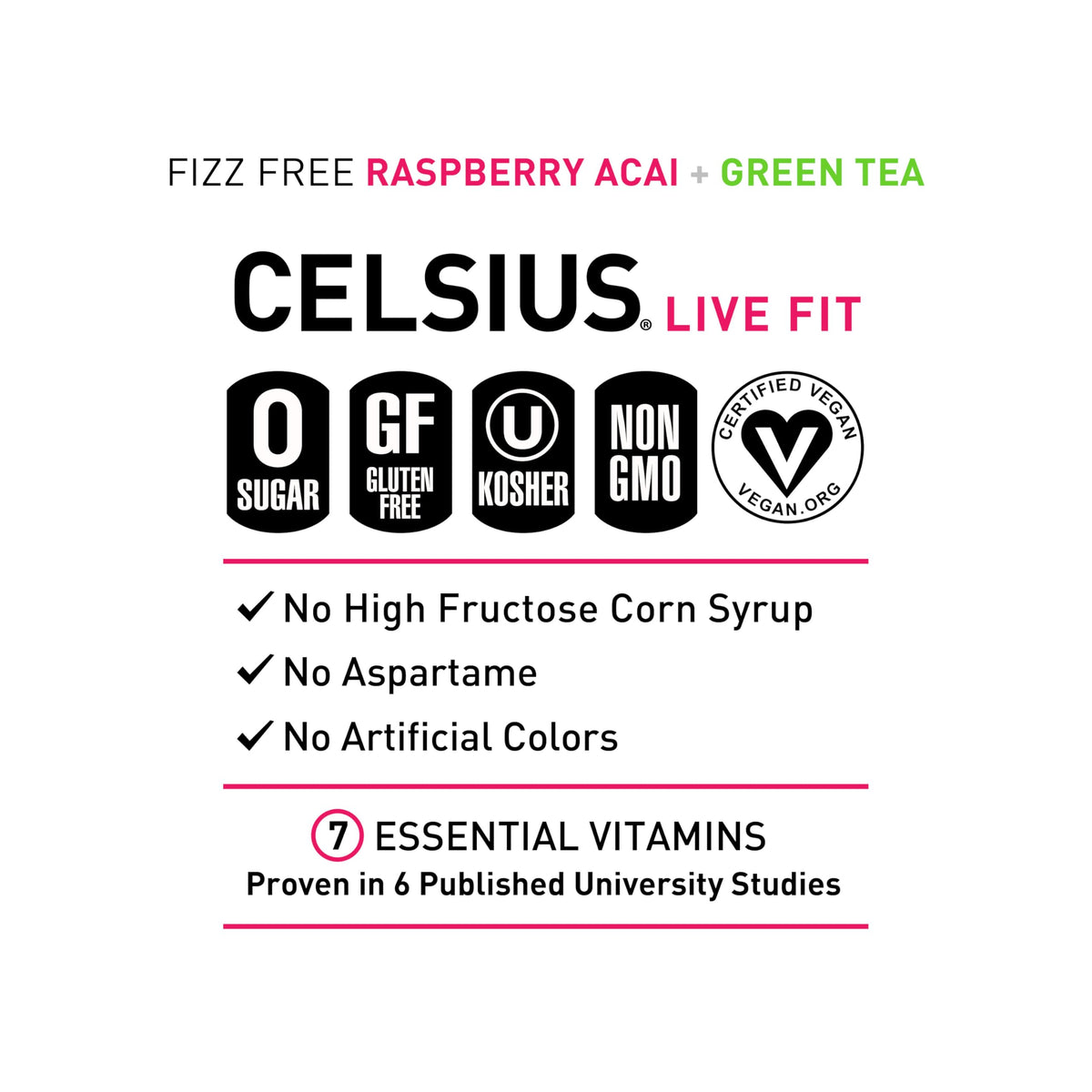 CELSIUS cans on shelf present a non-GMO, vegan energy option.