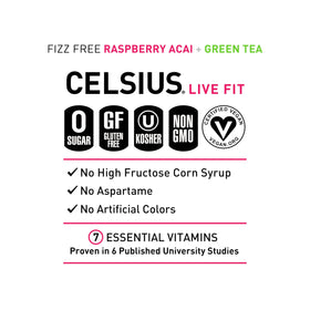CELSIUS cans on shelf present a non-GMO, vegan energy option.