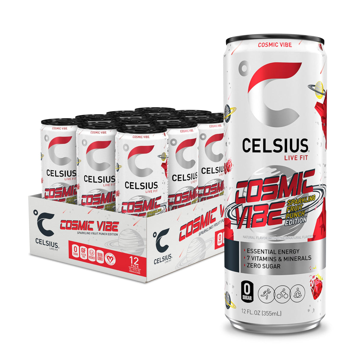 CELSIUS Cosmic Vibe bottle-front showcases sugar-free energy for workouts and daily activity.