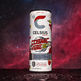 CELSIUS Cosmic Vibe glass-setup shows premium energy boost for active moments.