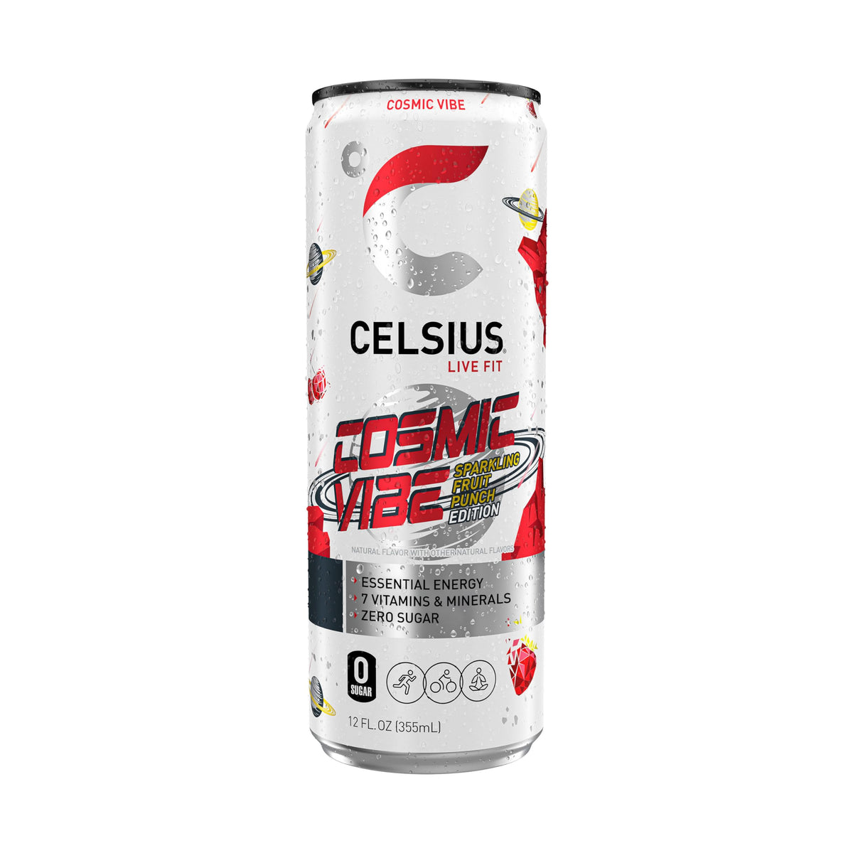 CELSIUS Cosmic Vibe label-closeup highlights vegan, gluten-free, and non-GMO benefits.