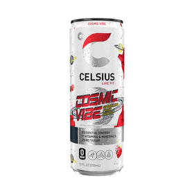 CELSIUS Cosmic Vibe label-closeup highlights vegan, gluten-free, and non-GMO benefits.