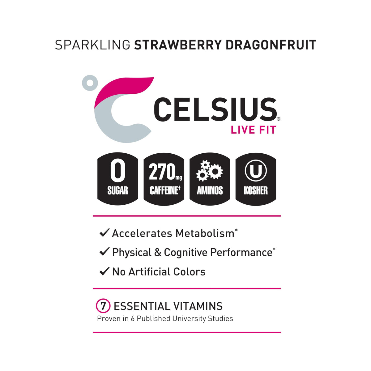 CELSIUS Essentials shows 270 mg caffeine for a strong energy lift.