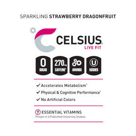 CELSIUS Essentials shows 270 mg caffeine for a strong energy lift.
