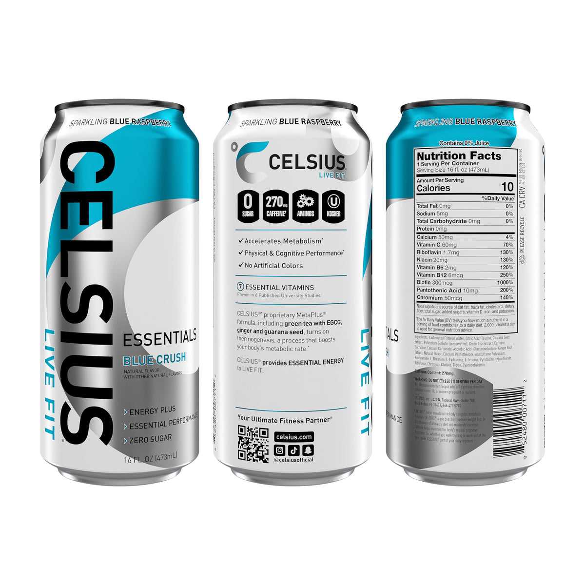 CELSIUS Essentials Sparkling Blue Crush label close-up highlighting the flavor and clean energy