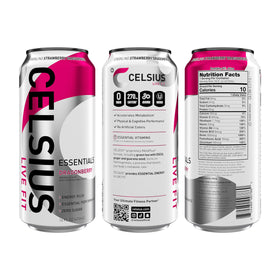 Close-up of CELSIUS Essentials Sparkling Dragonberry can highlighting the sugar-free formula.