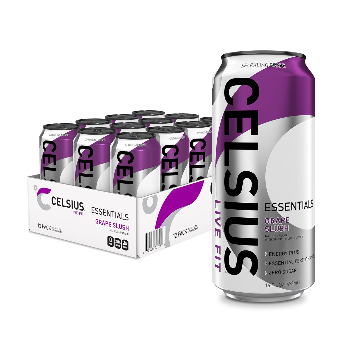 Celsius Essentials Sparkling Grape Slush can showing icy color for a quick energy lift