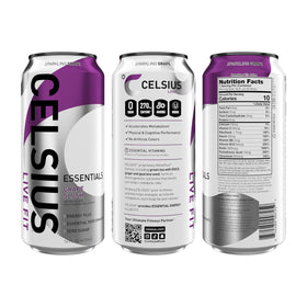 Close-up of the frosty Celsius Essentials Sparkling Grape Slush can for quick energy