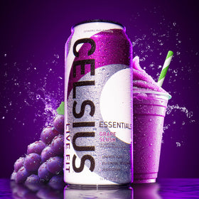 12-can pack of Celsius Essentials Sparkling Grape Slush on display