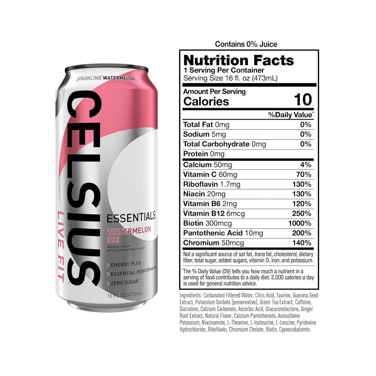 CELSIUS ESSENTIALS Sparkling Watermelon Ice bottle pour captures refreshing aroma and quick energy.