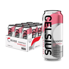 CELSIUS ESSENTIALS Sparkling Watermelon Ice can front view highlights bold flavor and sugar-free energy.