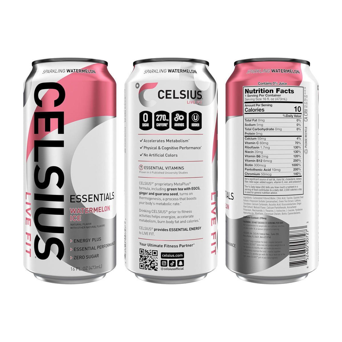 CELSIUS ESSENTIALS Sparkling Watermelon Ice can side view shows sleek design and caffeine power.