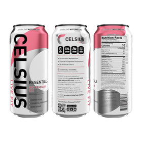 CELSIUS ESSENTIALS Sparkling Watermelon Ice can side view shows sleek design and caffeine power.