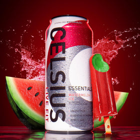 CELSIUS ESSENTIALS Sparkling Watermelon Ice 12-pack packaging suggests convenient off-the-shelf refreshment.