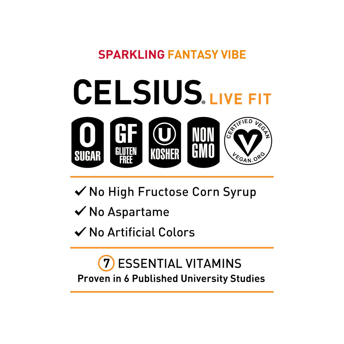 CELSIUS Fantasy Vibe vitamin icons indicate seven essential vitamins for vitality.
