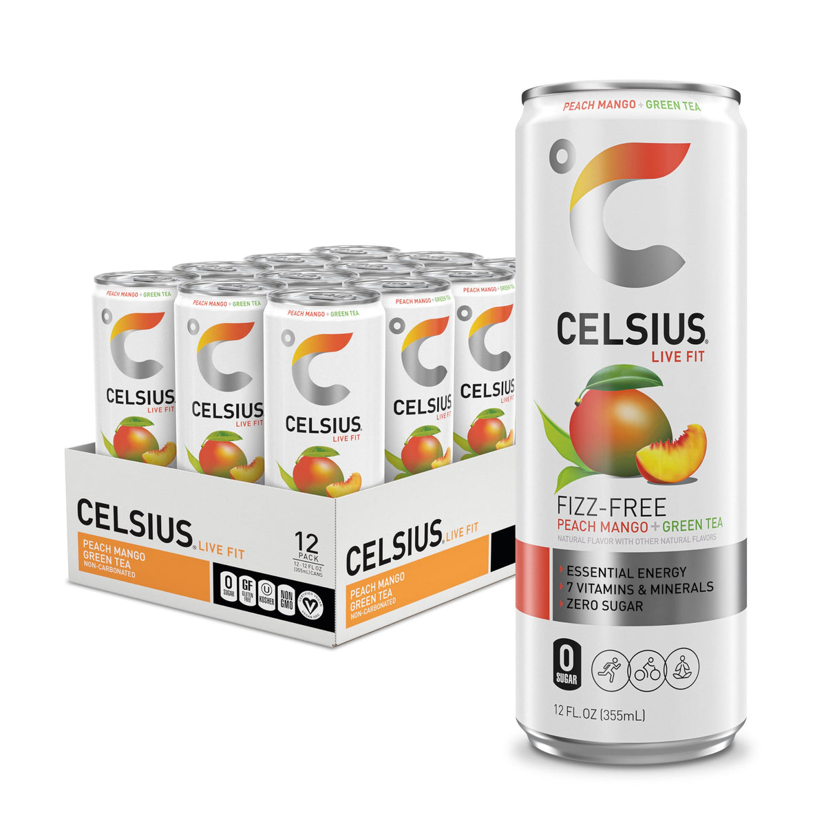 Celsius Fizz Free Peach Mango Green Tea can for workouts.